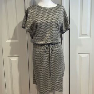 Roz & Ali Gray with gold Sheath Midi Dress with Dolman Sleeves